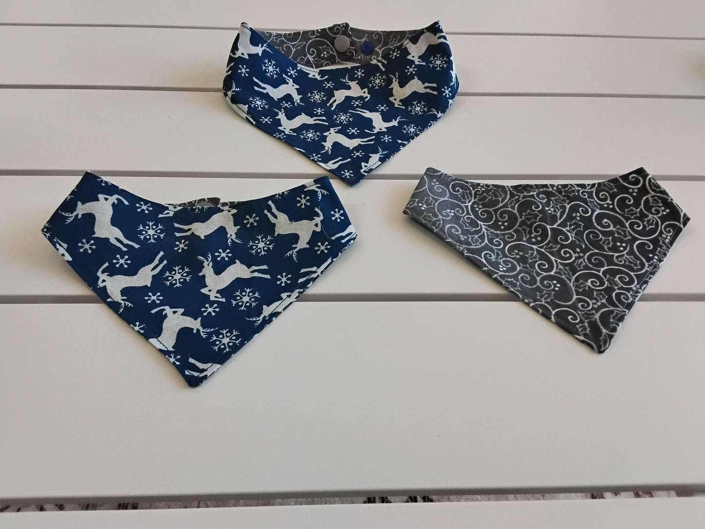 Sparkling Grey Swirls with Blue & White Deer Snap-On Dog Bandana