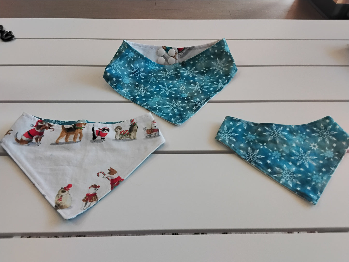 Santa Dogs with Blue Snowflakes Snap-On Dog Bandana