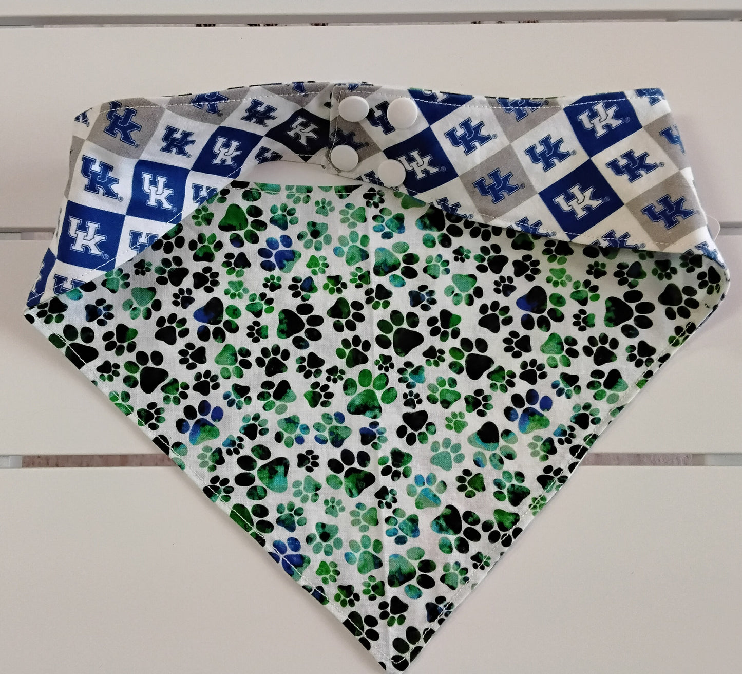 Blue & White Checkered UK Snap-On Dog Bandana with Blue and Green Paws