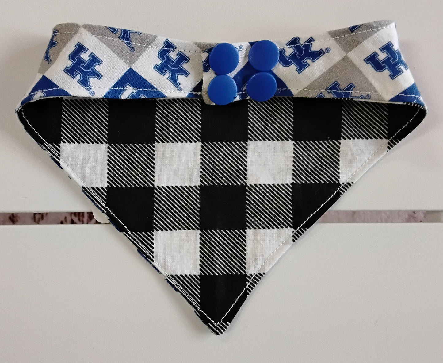 Blue and White Checkered UK Fabric & Black Plaid Snap-On Dog Bandana