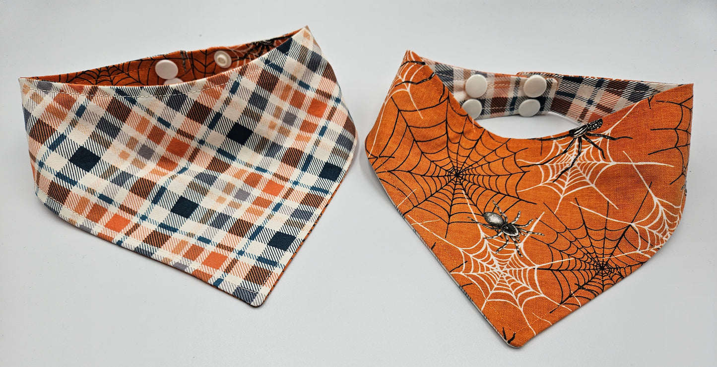 Glow-in-the-Dark Pumpkin Plaid & Spooky Spiders Reversible Snap-on Dog Bandana ππΈοΈβ¨ β Limited Edition Style