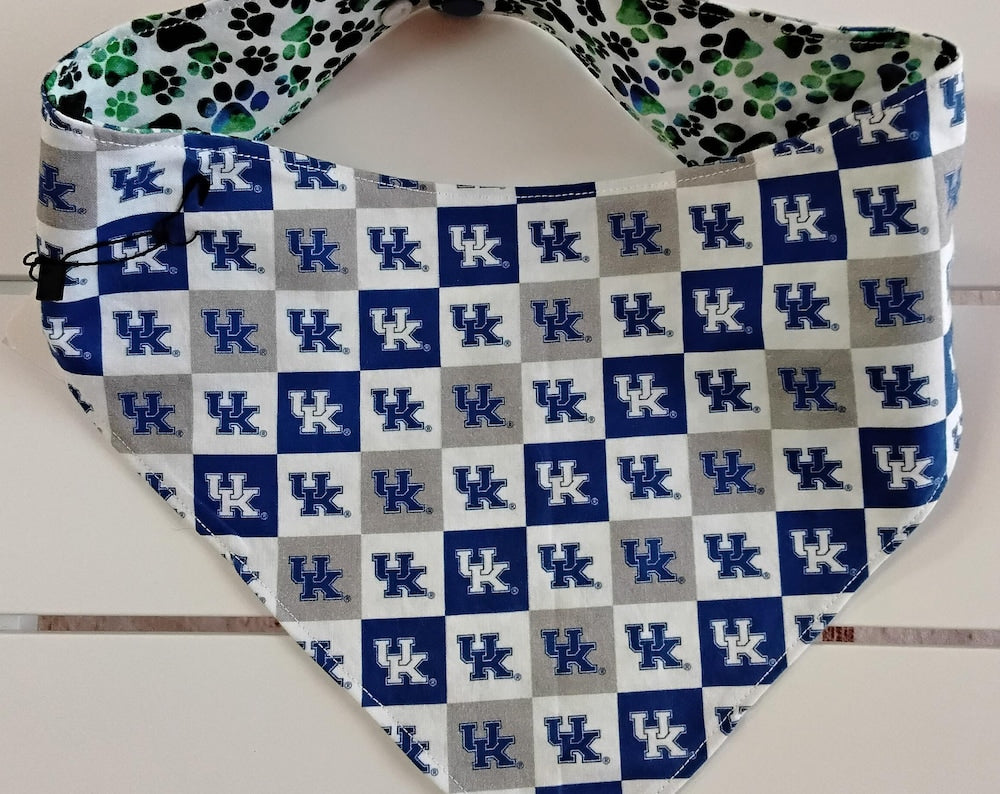 Blue & White Checkered UK Snap-On Dog Bandana with Blue and Green Paws