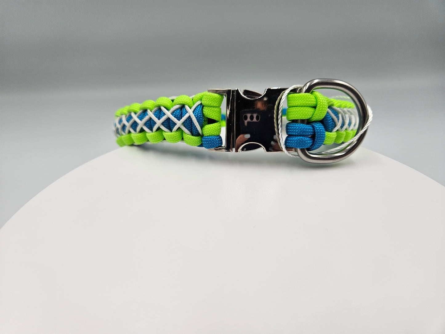 Neon Green Apple & Colonial Blue Cobra Weave with White Overlay Paracord Dog Collar - 15 Inch (fits up to 14 inches) Limited Edition