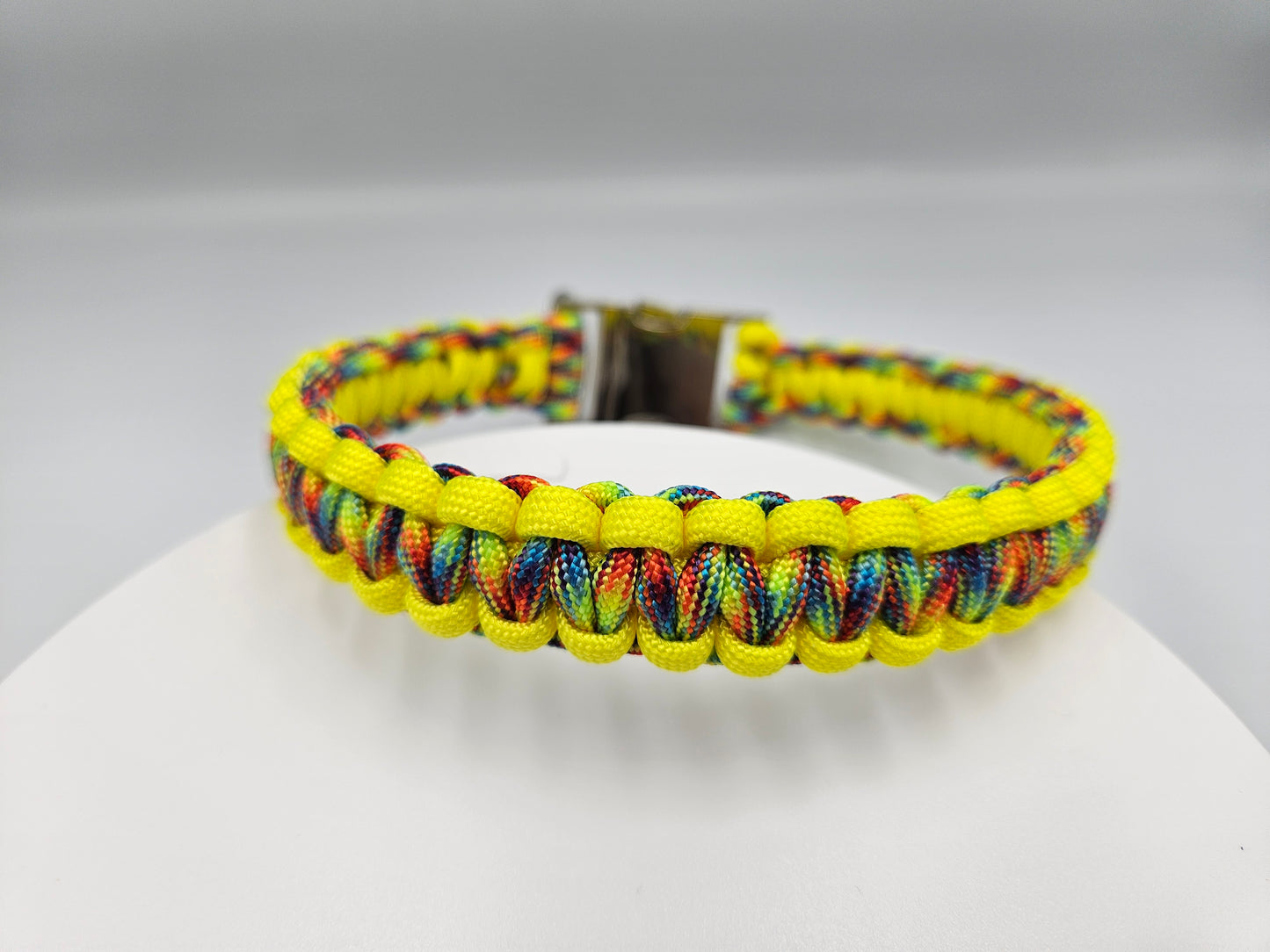 Neon Yellow & Trippin Rainbow Cobra Weave Paracord Dog Collar - 14 Inch (fits up to 13 inches) Limited Edition