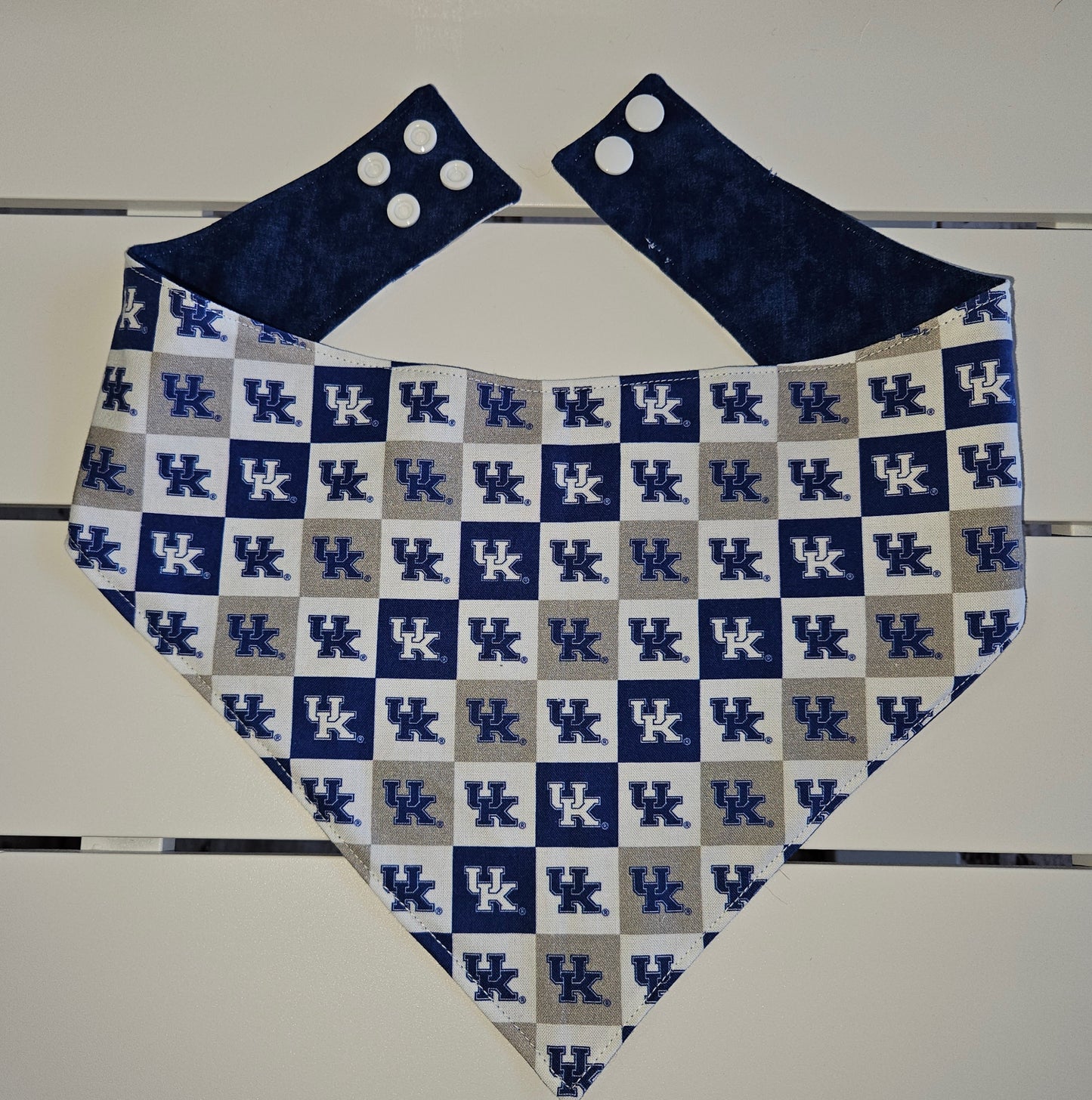 Blue and White Checkered UK Fabric & Black Plaid Snap-On Dog Bandana