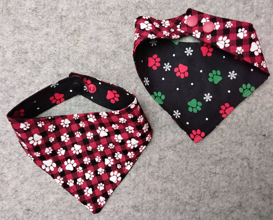 Red Checkered with White Paws Snap-On Dog Bandana
