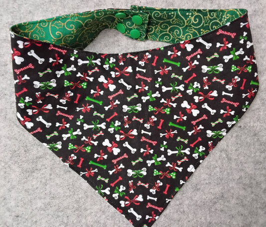Red, Green & White Holiday Bones Snap-On Dog Bandana