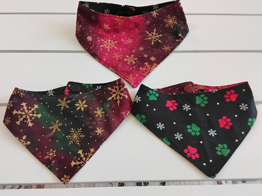 Gold Sparkling Snowflakes on Red Ombre Batik Snap-On Dog Bandana