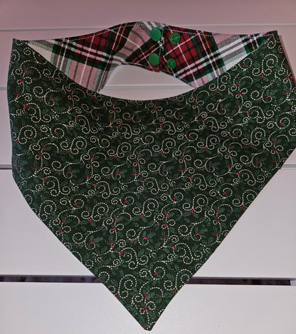 Green & Red Plaid with Glittery Green Holly Snap-On Dog Bandana