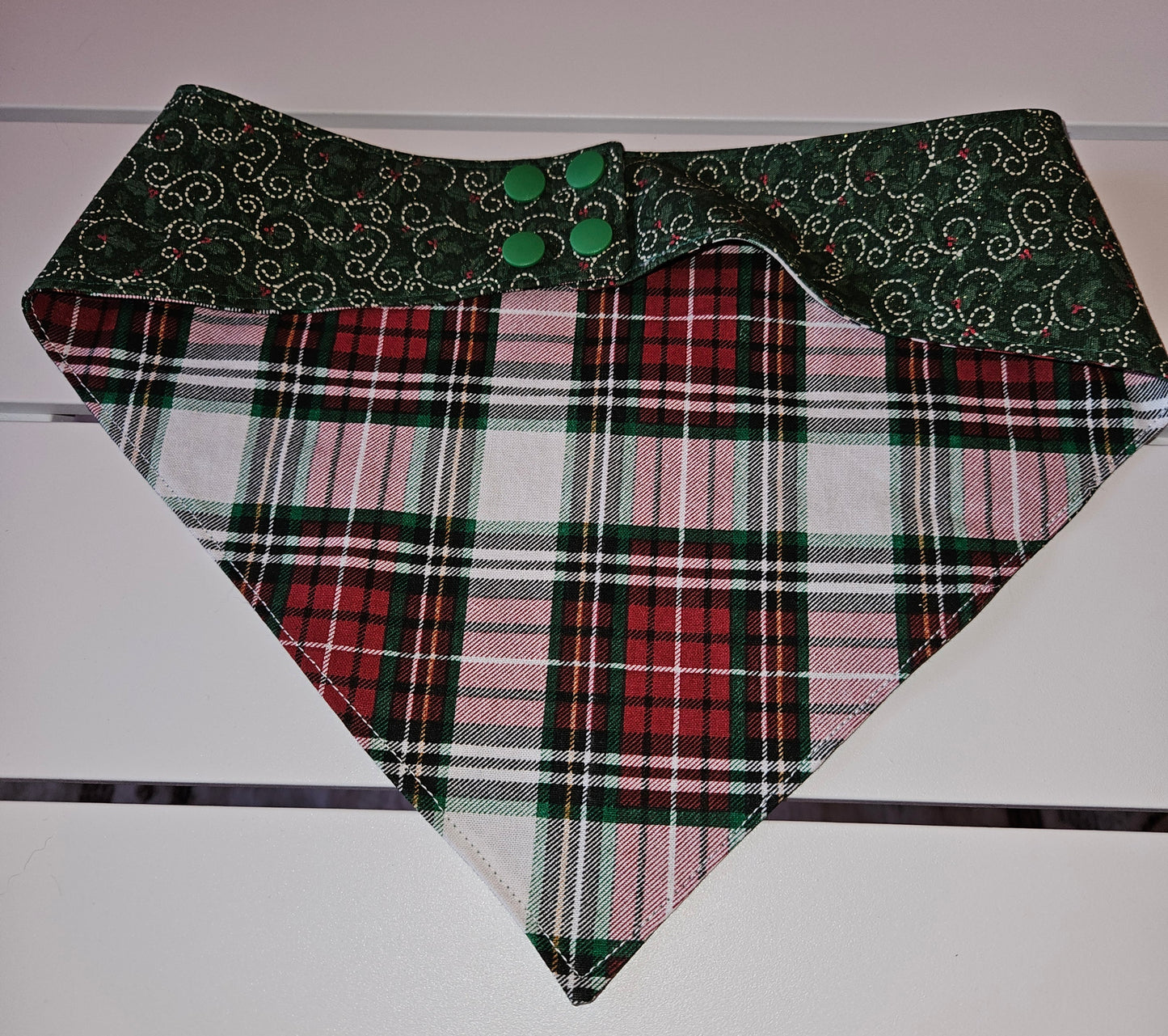 Green & Red Plaid with Glittery Green Holly Snap-On Dog Bandana