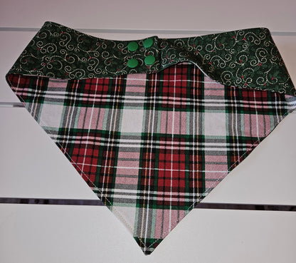 Green & Red Plaid with Glittery Green Holly Snap-On Dog Bandana