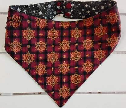 Gold Snowflakes on Burgundy Plaid Snap-On Dog Bandana