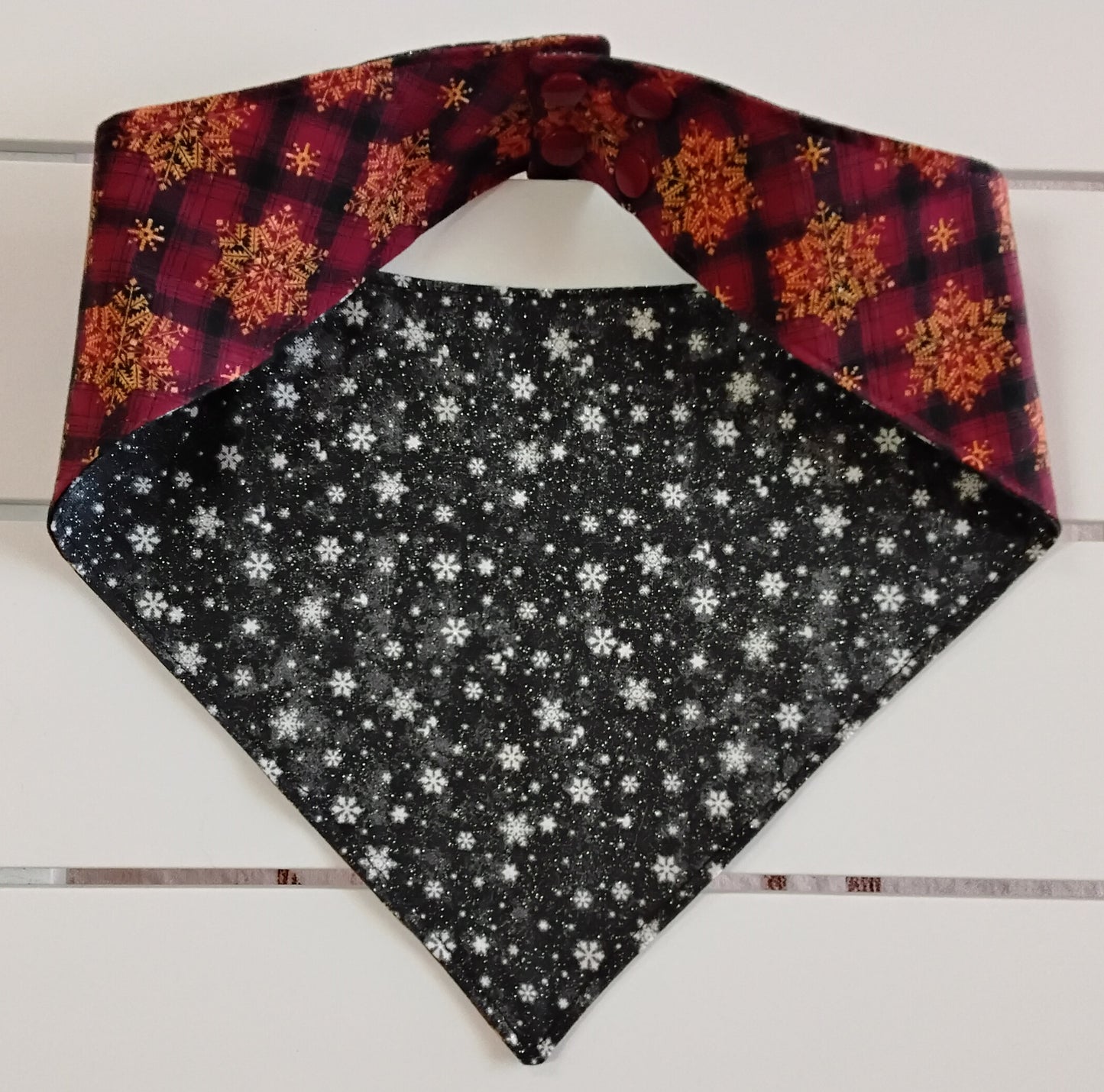 Gold Snowflakes on Burgundy Plaid Snap-On Dog Bandana
