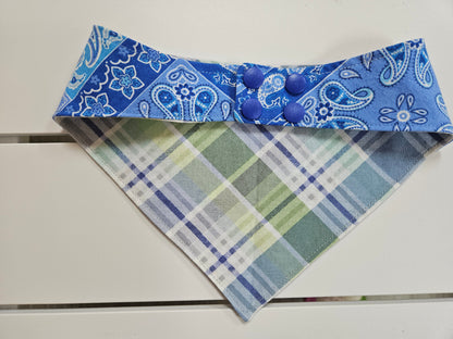 Blue Paisley with Plaid Snap-On Dog Bandana