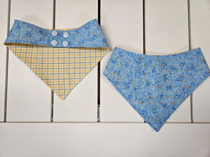 Blue Floral with Yellow Plaid Snap-On Dog Bandana