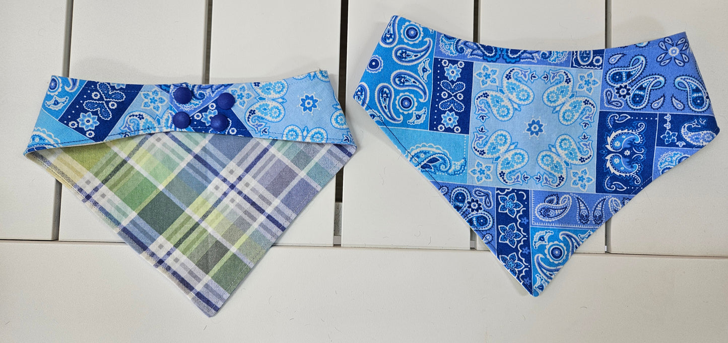 Blue Paisley with Plaid Snap-On Dog Bandana