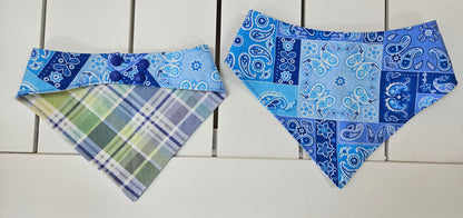 Blue Paisley with Plaid Snap-On Dog Bandana