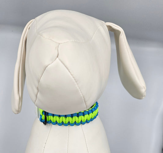 Neon Green Apple & Blue Cobra Weave Paracord Dog Collar - 11 Inch Limited Edition (fits up to 10 inch)