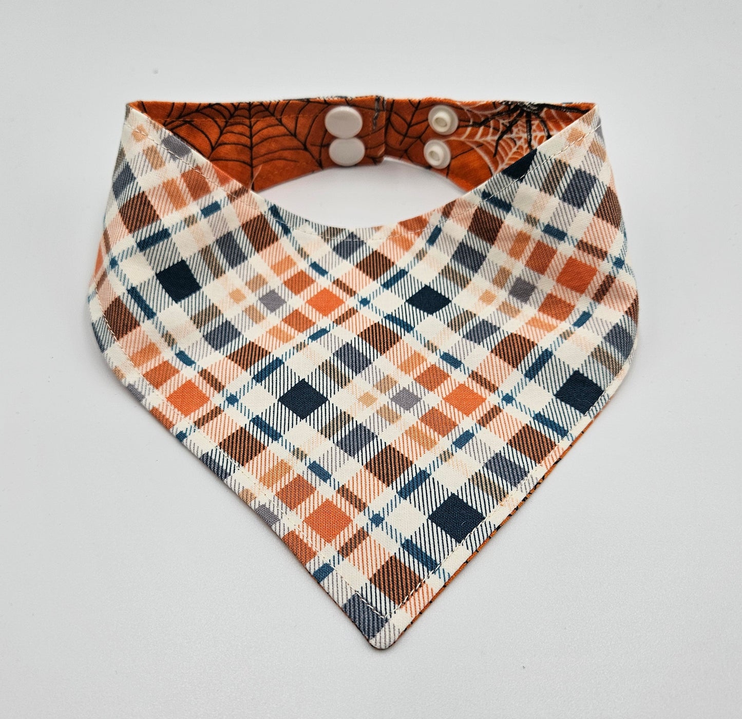Glow-in-the-Dark Pumpkin Plaid & Spooky Spiders Reversible Snap-on Dog Bandana 🎃🕸️✨ – Limited Edition Style