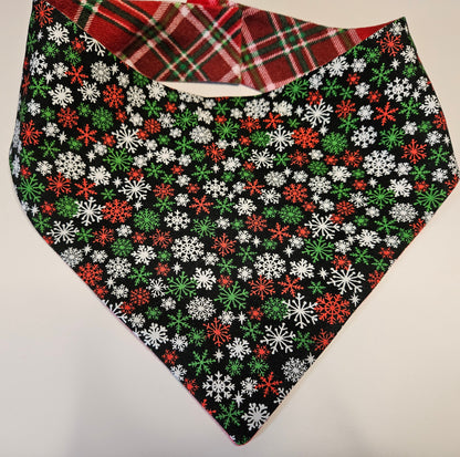 Red Tartan & Snowflakes Holiday Reversible Snap-on Dog Bandana – Limited Edition Style