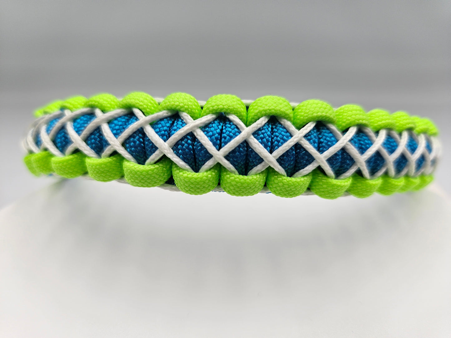 Neon Green Apple & Colonial Blue Cobra Weave with White Overlay Paracord Dog Collar - 15 Inch (fits up to 14 inches) Limited Edition
