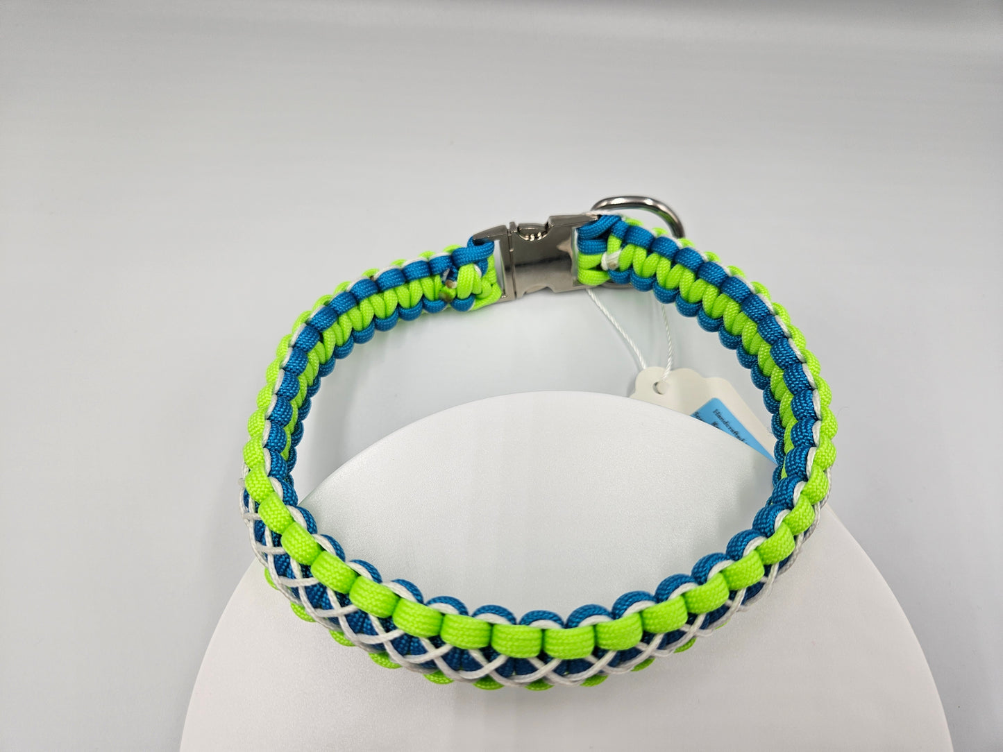 Neon Green Apple & Colonial Blue Cobra Weave with White Overlay Paracord Dog Collar - 15 Inch (fits up to 14 inches) Limited Edition