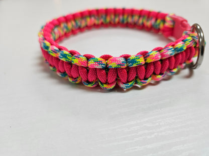Neon Pink & Neon Rainbow Cobra Weave Paracord Dog Collar - 11 inch Limited Edition (fits up to 10 inch)