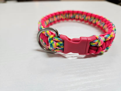 Neon Pink & Neon Rainbow Cobra Weave Paracord Dog Collar - 11 inch Limited Edition (fits up to 10 inch)