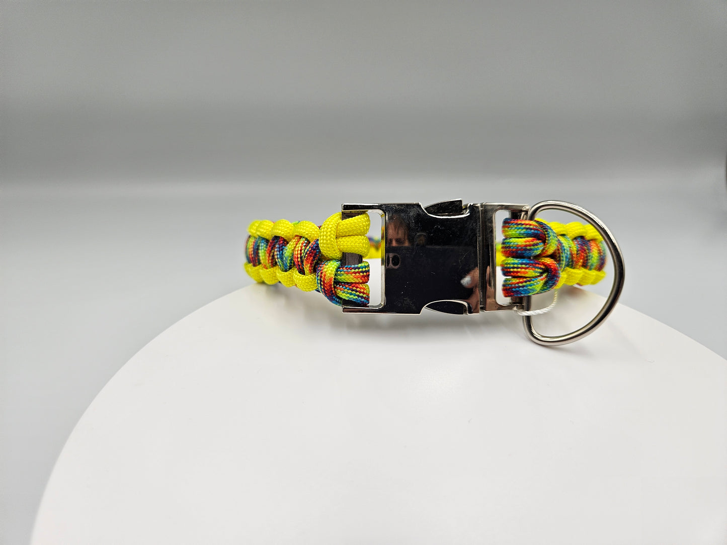 Neon Yellow & Trippin Rainbow Cobra Weave Paracord Dog Collar - 14 Inch (fits up to 13 inches) Limited Edition