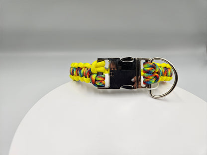 Neon Yellow & Trippin Rainbow Cobra Weave Paracord Dog Collar - 14 Inch (fits up to 13 inches) Limited Edition