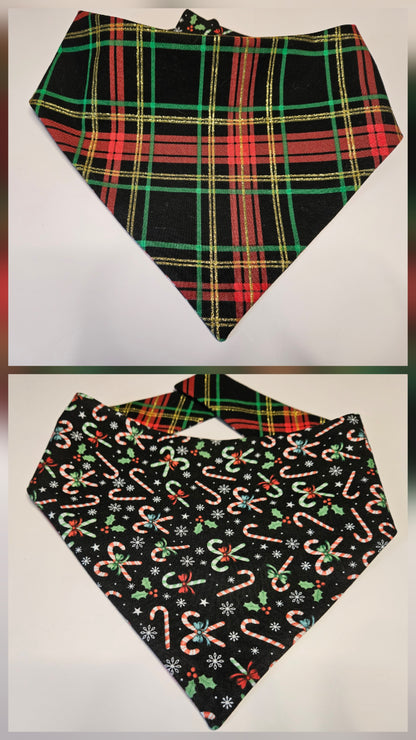 Candy Canes & Holiday Plaid Reversible Snap-on Dog Bandana – Limited Edition Style