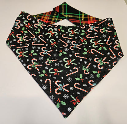 Candy Canes & Holiday Plaid Reversible Snap-on Dog Bandana – Limited Edition Style