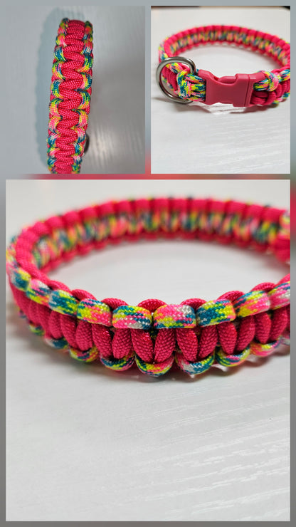Neon Pink & Neon Rainbow Cobra Weave Paracord Dog Collar - 11 inch Limited Edition (fits up to 10 inch)