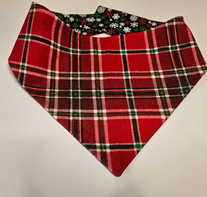 Red Tartan & Snowflakes Holiday Reversible Snap-on Dog Bandana – Limited Edition Style