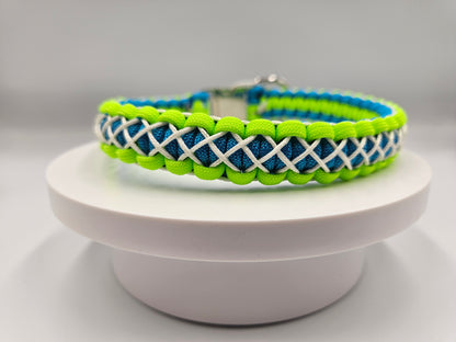 Neon Green Apple & Colonial Blue Cobra Weave with White Overlay Paracord Dog Collar - 15 Inch (fits up to 14 inches) Limited Edition