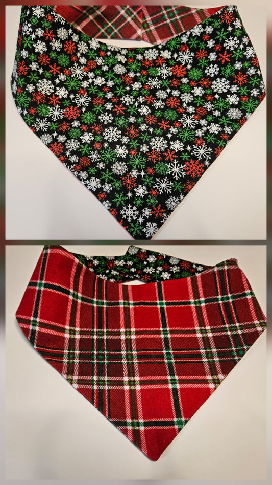 Red Tartan & Snowflakes Holiday Reversible Snap-on Dog Bandana – Limited Edition Style